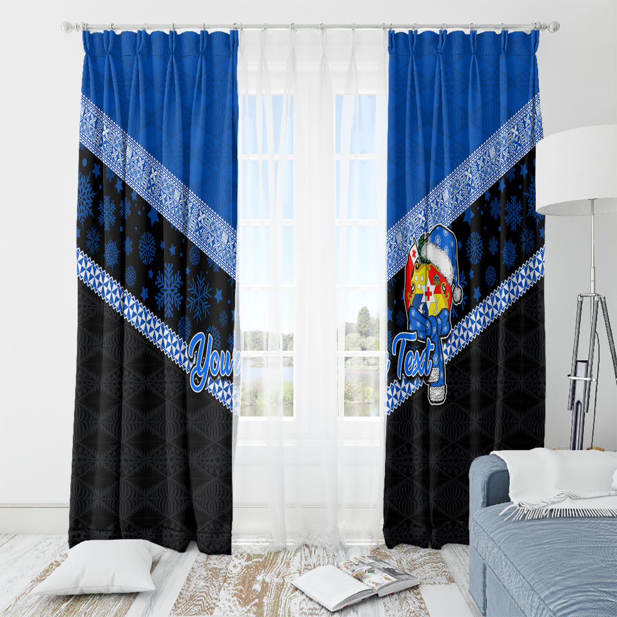 Personalised Tonga Christmas Window Curtain Tongan Coat of Arms Santa With Ngatu Pattern Christmas Blue Style LT03 - Polynesian Pride