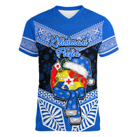 Personalised Tonga Christmas Women V Neck T Shirt Tongan Coat of Arms Santa With Ngatu Pattern Christmas Blue Style LT03 Female Blue - Polynesian Pride