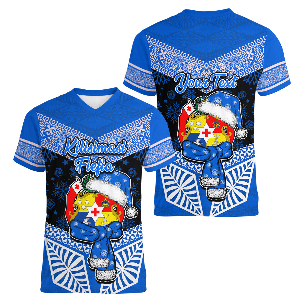 Personalised Tonga Christmas Women V Neck T Shirt Tongan Coat of Arms Santa With Ngatu Pattern Christmas Blue Style LT03 - Polynesian Pride