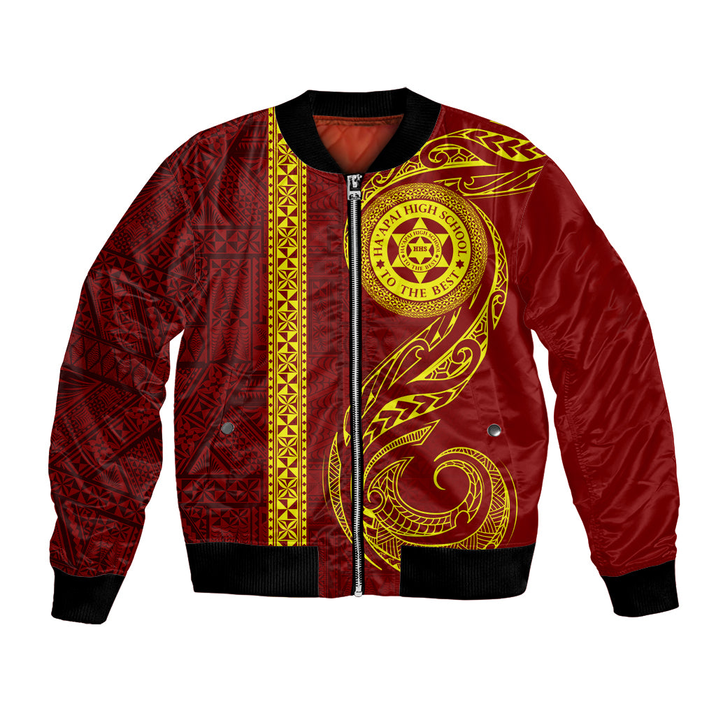 Tonga Ha'apai High School Bomber Jacket Ngatu and Maori Ethnic Tribal Pattern LT03 Unisex Red - Polynesian Pride