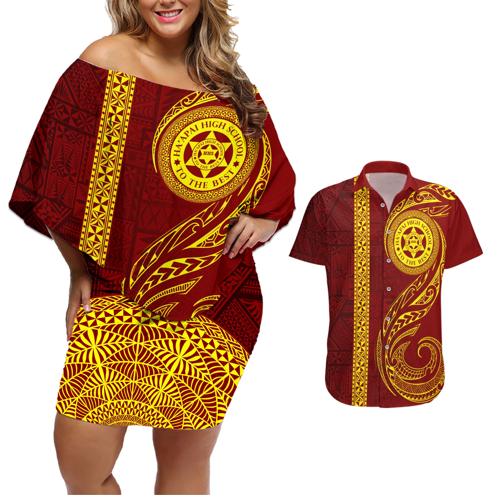 Tonga Ha'apai High School Couples Matching Off Shoulder Short Dress and Hawaiian Shirt Ngatu and Maori Ethnic Tribal Pattern LT03 Red - Polynesian Pride