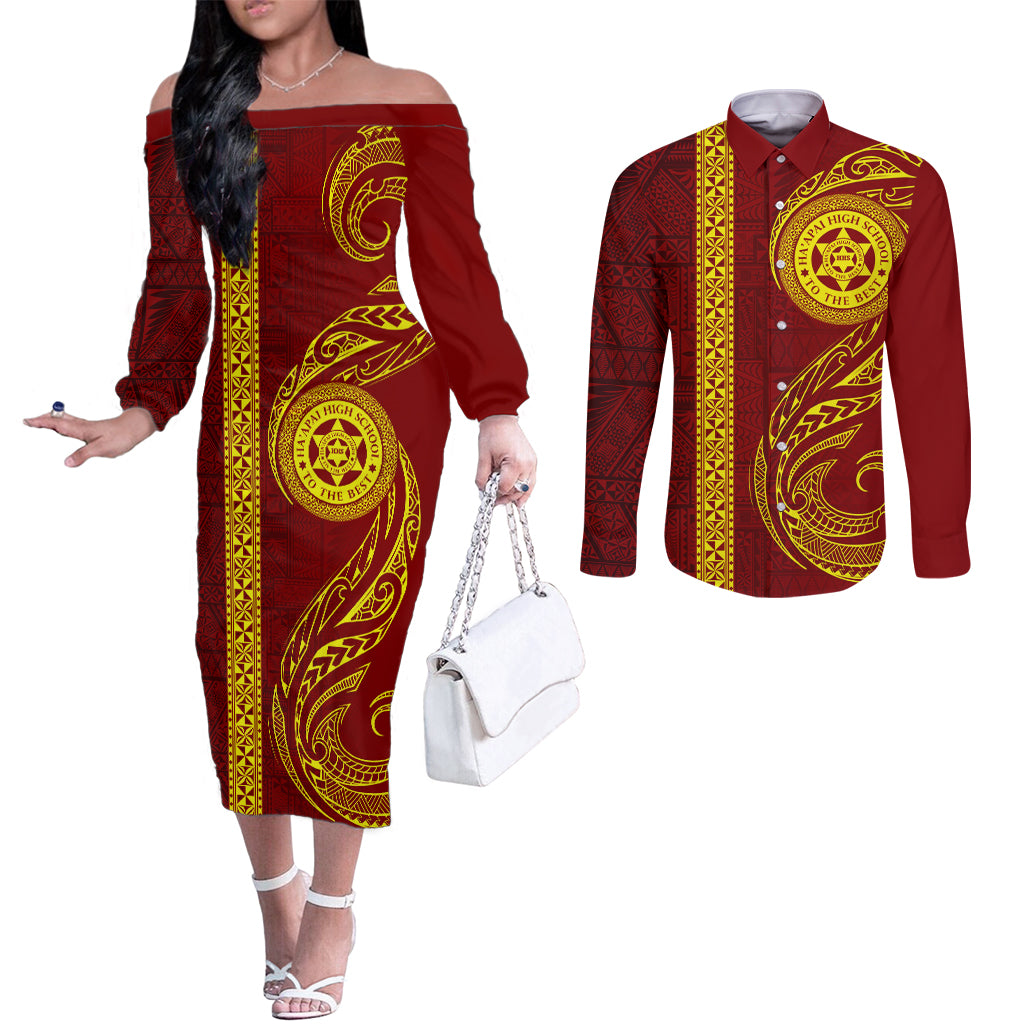 Tonga Ha'apai High School Couples Matching Off The Shoulder Long Sleeve Dress and Long Sleeve Button Shirt Ngatu and Maori Ethnic Tribal Pattern LT03 Red - Polynesian Pride