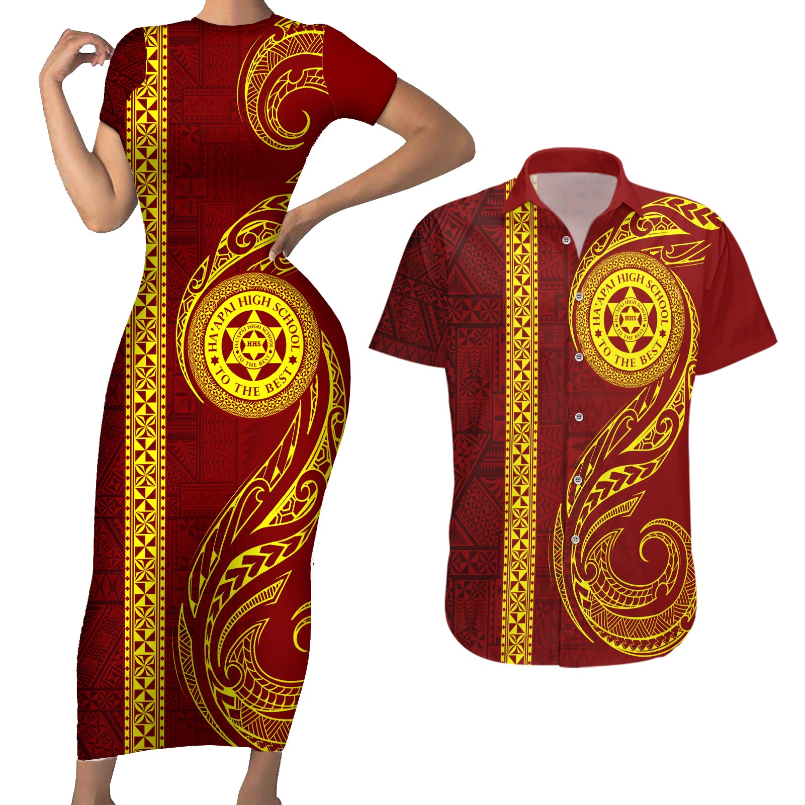 Tonga Ha'apai High School Couples Matching Short Sleeve Bodycon Dress and Hawaiian Shirt Ngatu and Maori Ethnic Tribal Pattern LT03 Red - Polynesian Pride