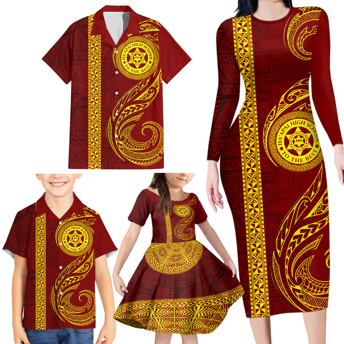 Tonga Ha'apai High School Family Matching Long Sleeve Bodycon Dress and Hawaiian Shirt Ngatu and Maori Ethnic Tribal Pattern LT03 - Polynesian Pride