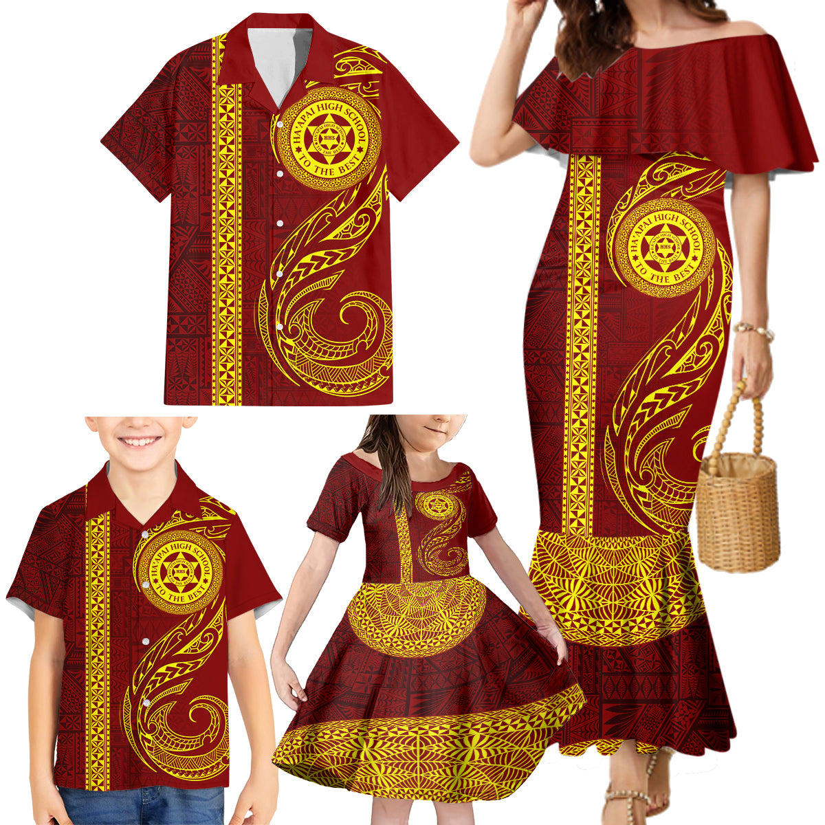 Tonga Ha'apai High School Family Matching Mermaid Dress and Hawaiian Shirt Ngatu and Maori Ethnic Tribal Pattern LT03 - Polynesian Pride