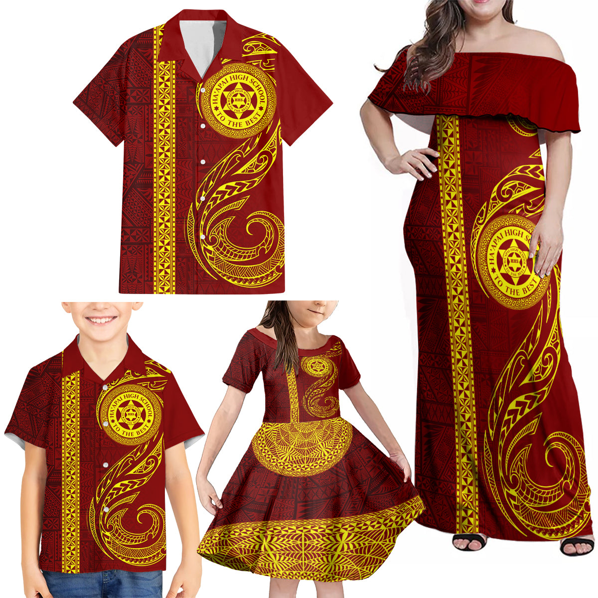 Tonga Ha'apai High School Family Matching Off Shoulder Maxi Dress and Hawaiian Shirt Ngatu and Maori Ethnic Tribal Pattern LT03 - Polynesian Pride