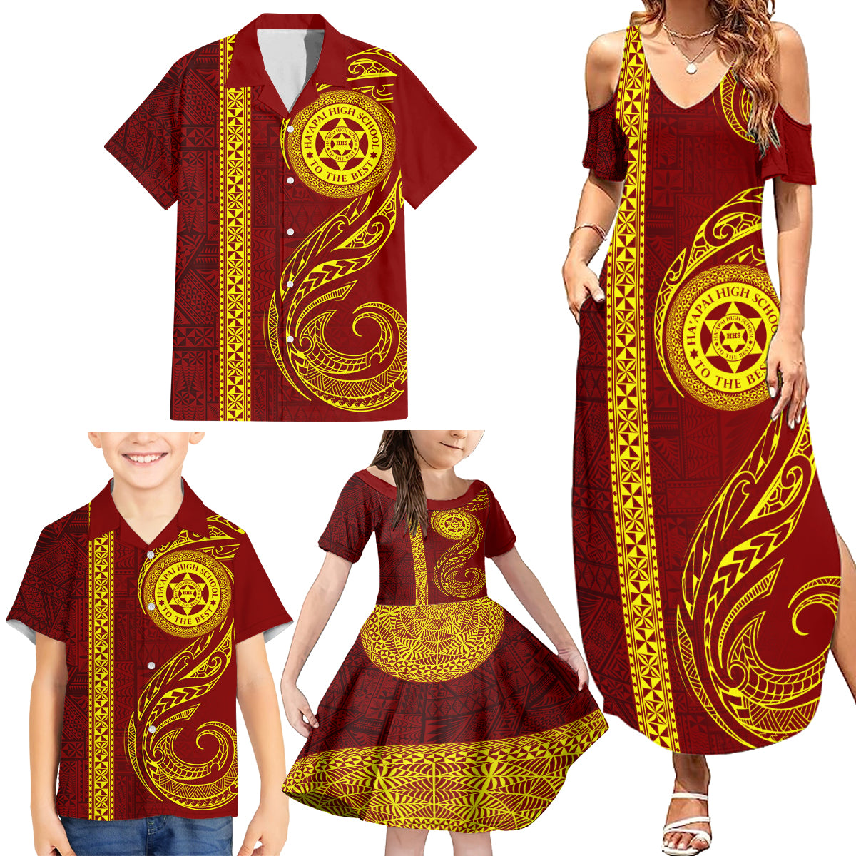 Tonga Ha'apai High School Family Matching Summer Maxi Dress and Hawaiian Shirt Ngatu and Maori Ethnic Tribal Pattern LT03 - Polynesian Pride