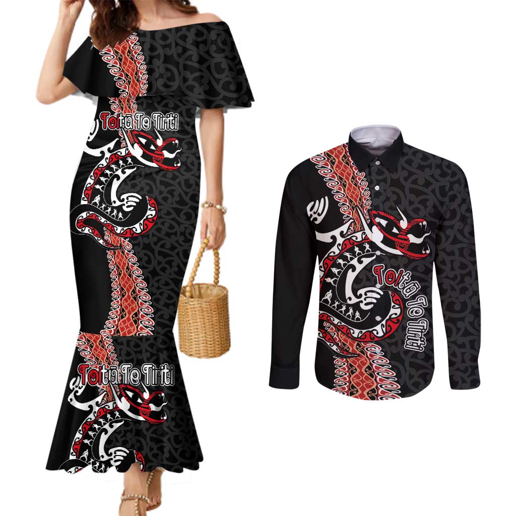 Aotearoa Toitu Te Tiriti Couples Matching Mermaid Dress and Long Sleeve Button Shirt Maori Taniwha Haka - Honour the Treaty LT03 Black - Polynesian Pride