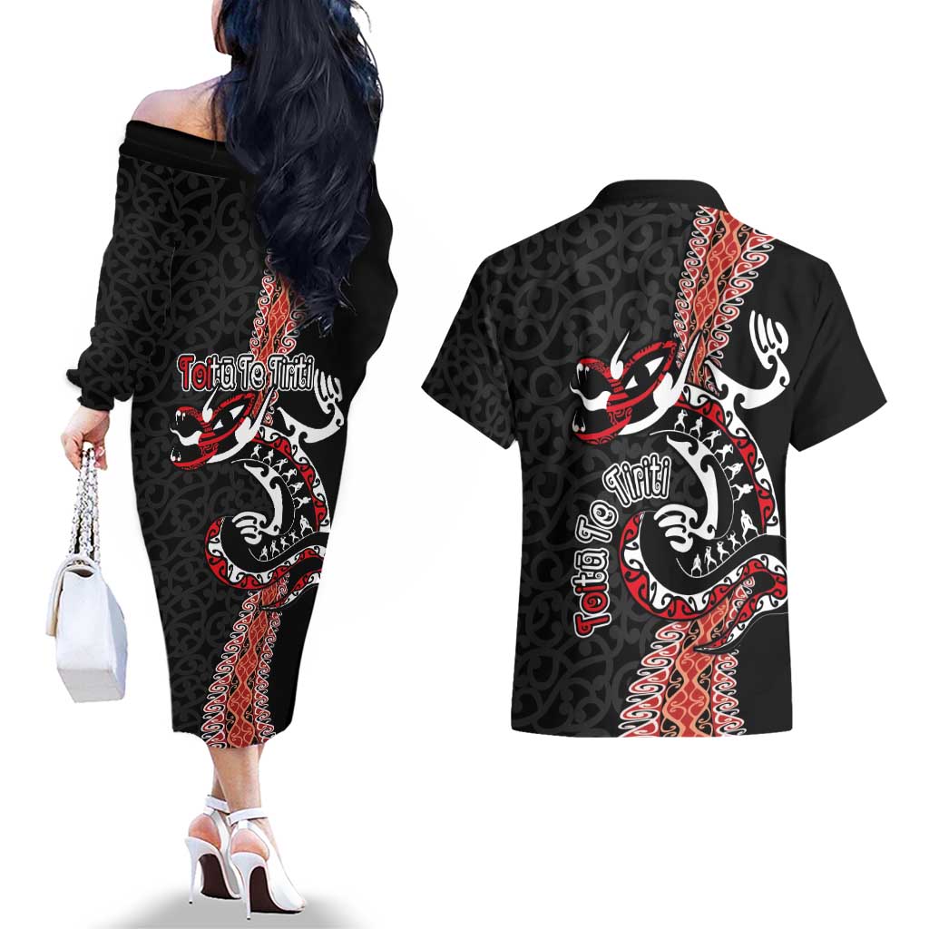 Aotearoa Toitu Te Tiriti Couples Matching Off The Shoulder Long Sleeve Dress and Hawaiian Shirt Maori Taniwha Haka - Honour the Treaty LT03