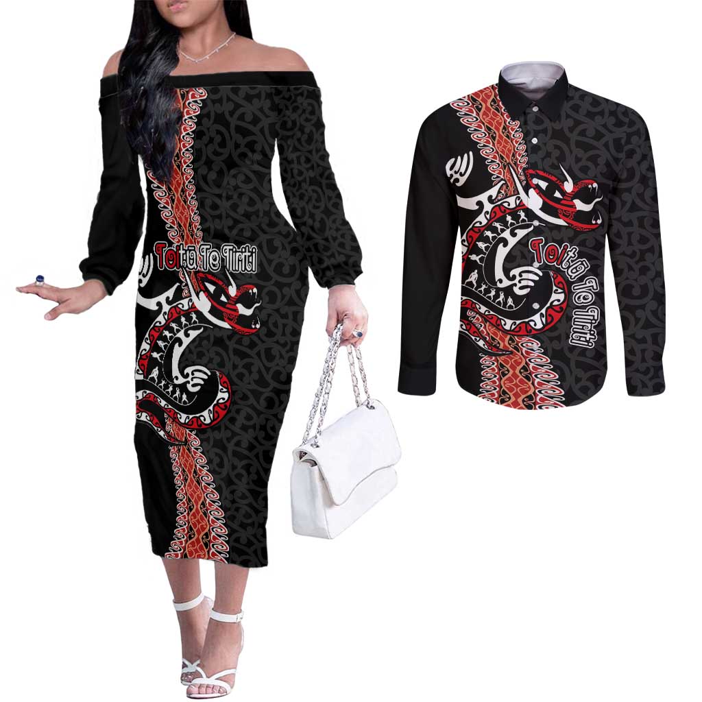 Aotearoa Toitu Te Tiriti Couples Matching Off The Shoulder Long Sleeve Dress and Long Sleeve Button Shirt Maori Taniwha Haka - Honour the Treaty LT03 Black - Polynesian Pride