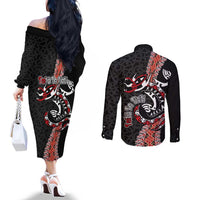 Aotearoa Toitu Te Tiriti Couples Matching Off The Shoulder Long Sleeve Dress and Long Sleeve Button Shirt Maori Taniwha Haka - Honour the Treaty LT03