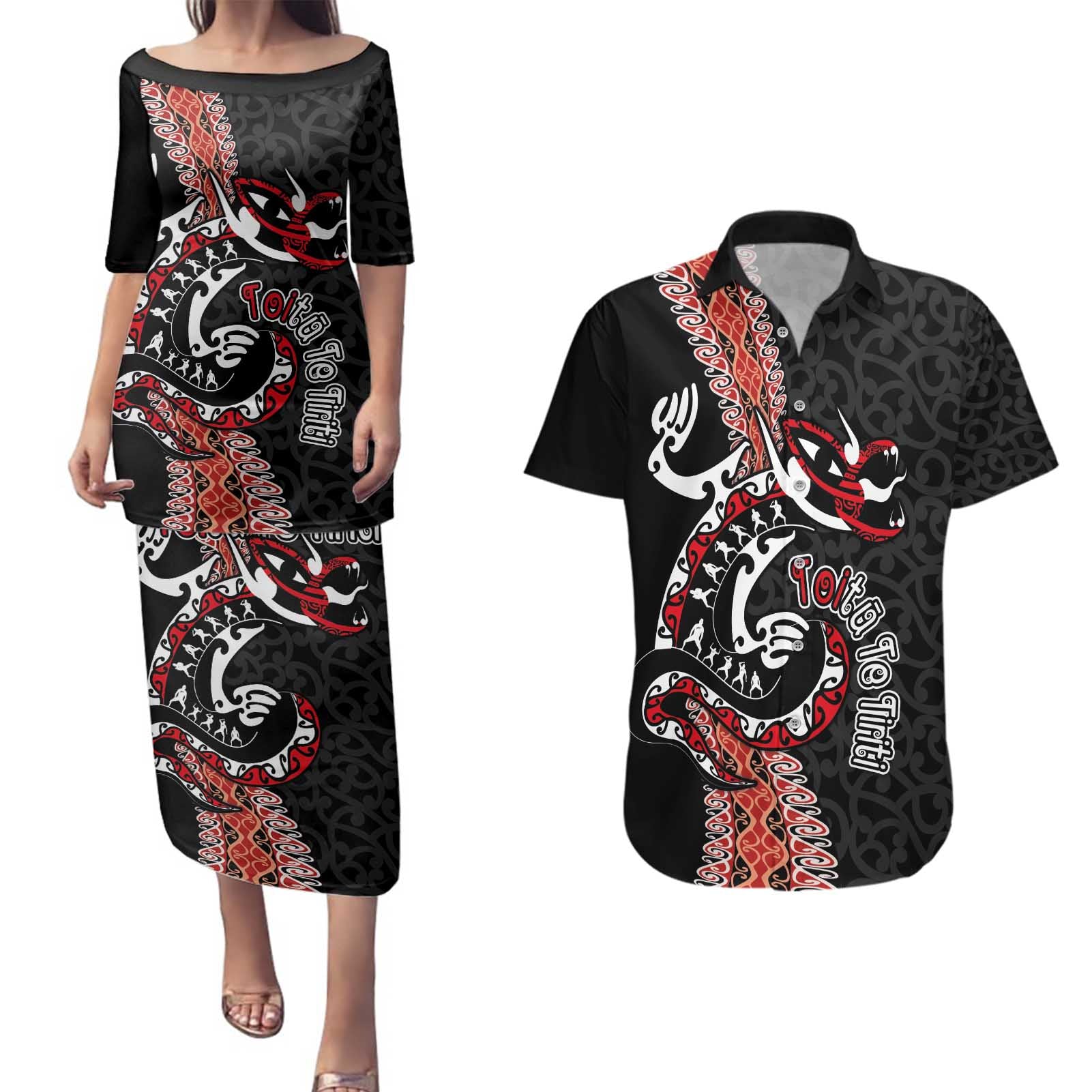 Aotearoa Toitu Te Tiriti Couples Matching Puletasi and Hawaiian Shirt Maori Taniwha Haka - Honour the Treaty LT03