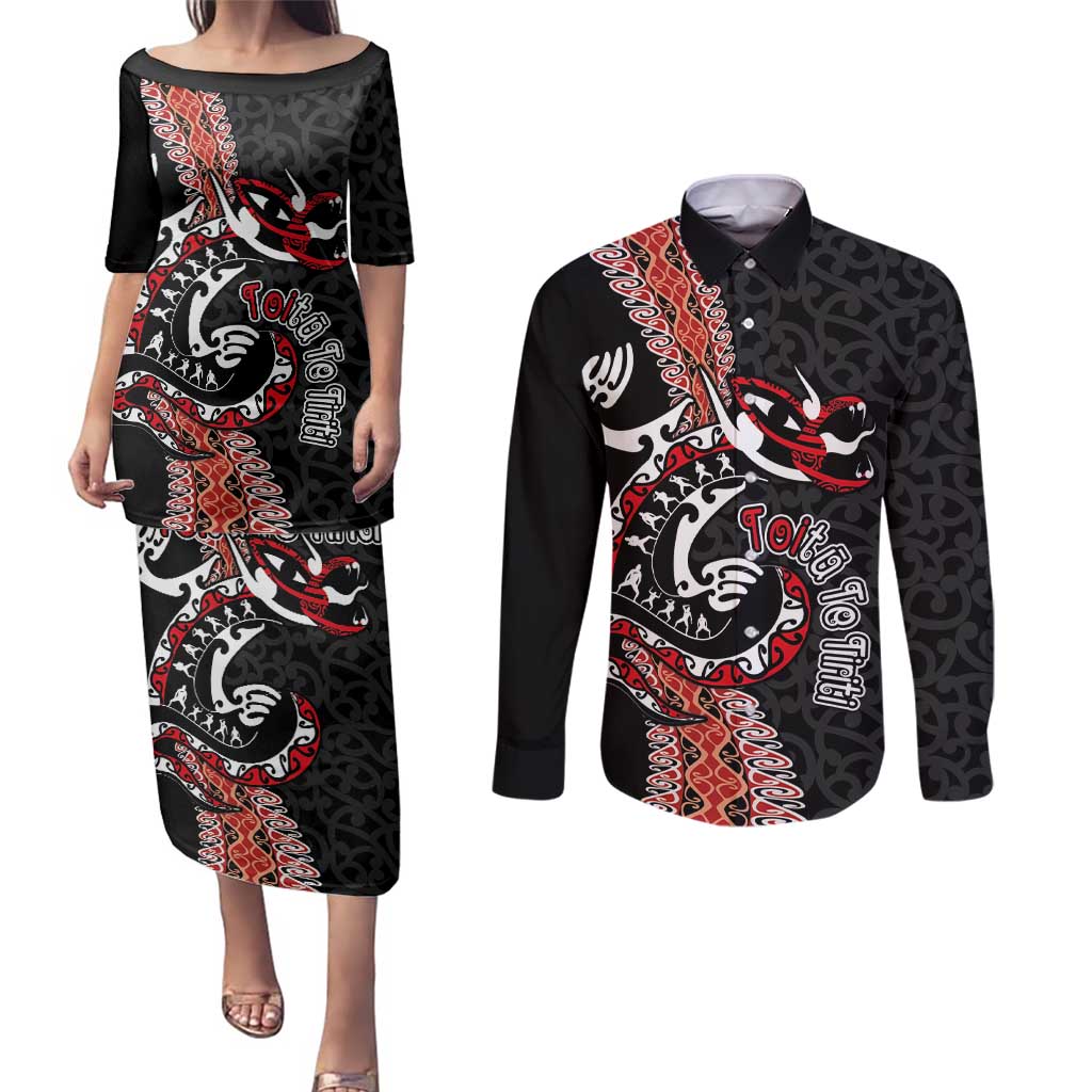Aotearoa Toitu Te Tiriti Couples Matching Puletasi and Long Sleeve Button Shirt Maori Taniwha Haka - Honour the Treaty LT03
