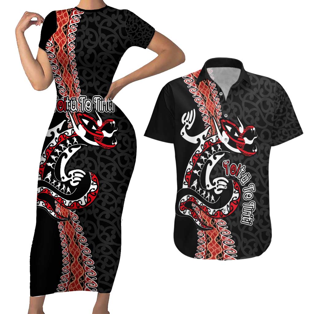 Aotearoa Toitu Te Tiriti Couples Matching Short Sleeve Bodycon Dress and Hawaiian Shirt Maori Taniwha Haka - Honour the Treaty LT03 Black - Polynesian Pride