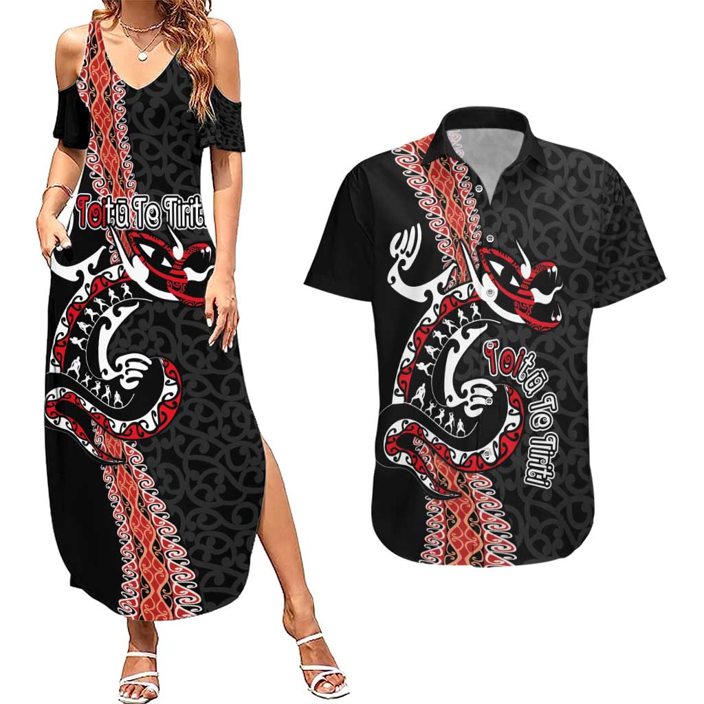 Aotearoa Toitu Te Tiriti Couples Matching Summer Maxi Dress and Hawaiian Shirt Maori Taniwha Haka - Honour the Treaty LT03 Black - Polynesian Pride
