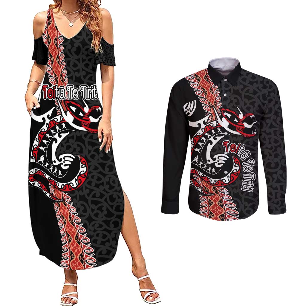Aotearoa Toitu Te Tiriti Couples Matching Summer Maxi Dress and Long Sleeve Button Shirt Maori Taniwha Haka - Honour the Treaty LT03