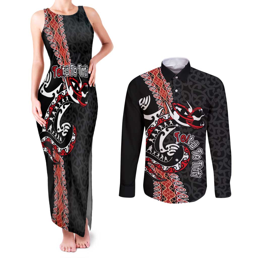 Aotearoa Toitu Te Tiriti Couples Matching Tank Maxi Dress and Long Sleeve Button Shirt Maori Taniwha Haka - Honour the Treaty LT03 Black - Polynesian Pride