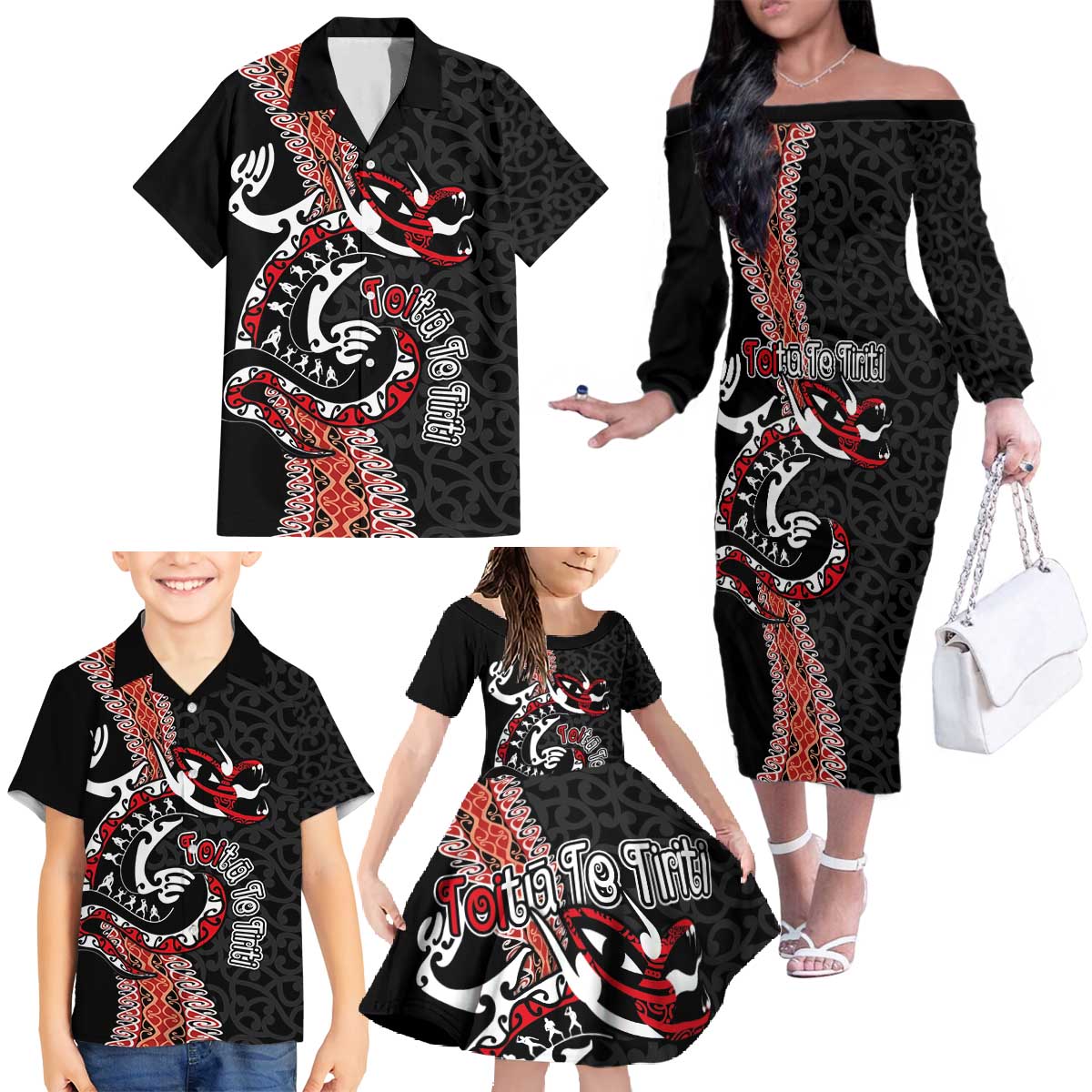 Aotearoa Toitu Te Tiriti Family Matching Off The Shoulder Long Sleeve Dress and Hawaiian Shirt Maori Taniwha Haka - Honour the Treaty LT03