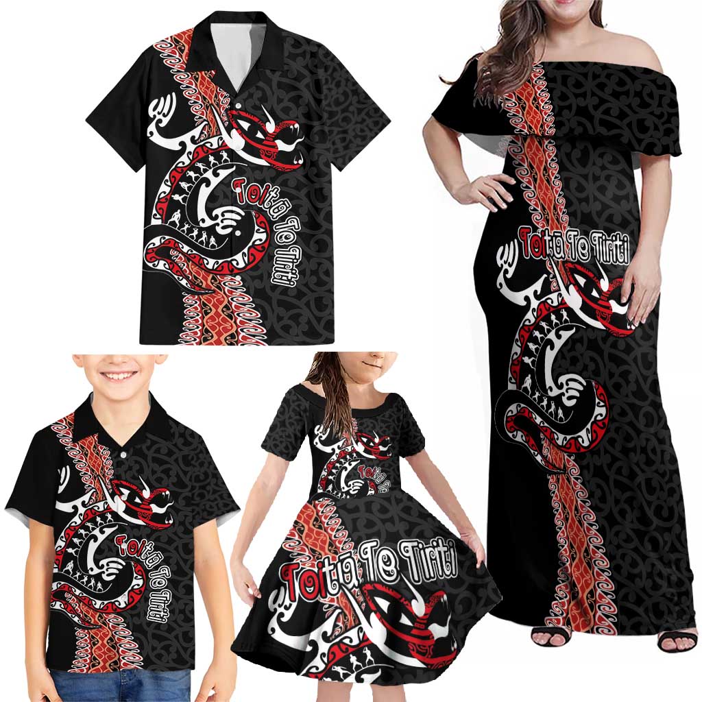 Aotearoa Toitu Te Tiriti Family Matching Off Shoulder Maxi Dress and Hawaiian Shirt Maori Taniwha Haka - Honour the Treaty LT03