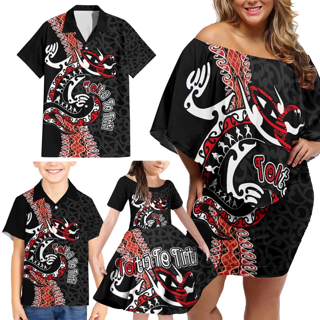 Aotearoa Toitu Te Tiriti Family Matching Off Shoulder Short Dress and Hawaiian Shirt Maori Taniwha Haka - Honour the Treaty LT03