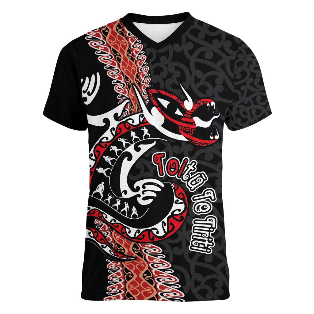 Aotearoa Toitu Te Tiriti Women V-Neck T-Shirt Maori Taniwha Haka - Honour the Treaty LT03