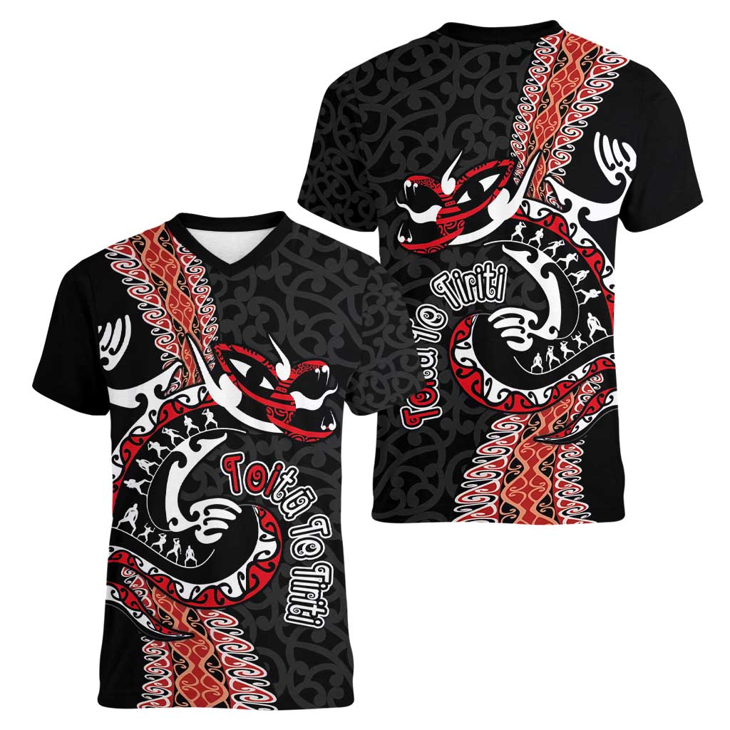 Aotearoa Toitu Te Tiriti Women V-Neck T-Shirt Maori Taniwha Haka - Honour the Treaty LT03