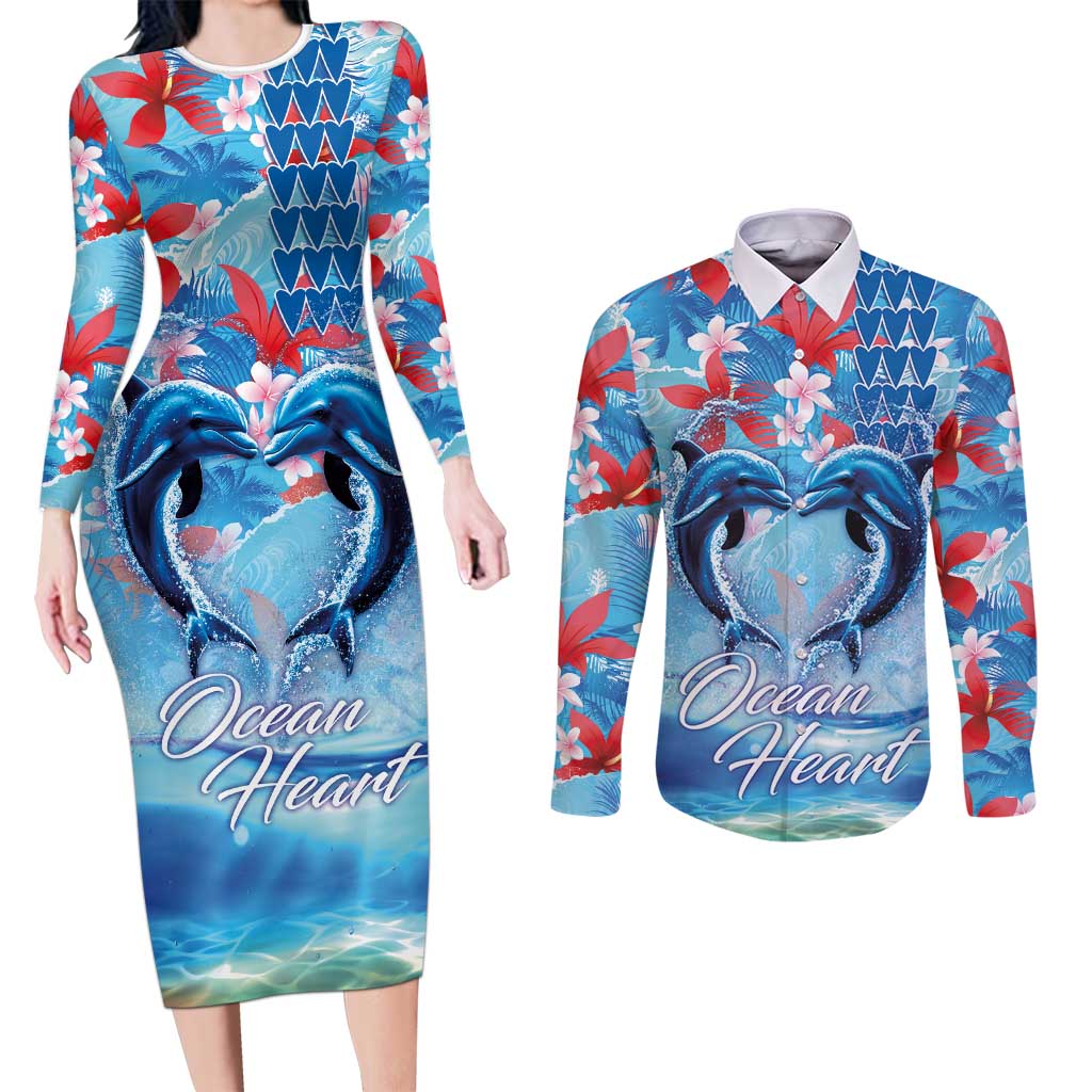 Hawaiian Dolphin Love Couple - Ocean Heart Couples Matching Long Sleeve Bodycon Dress and Long Sleeve Button Shirt LT03 Blue - Polynesian Pride