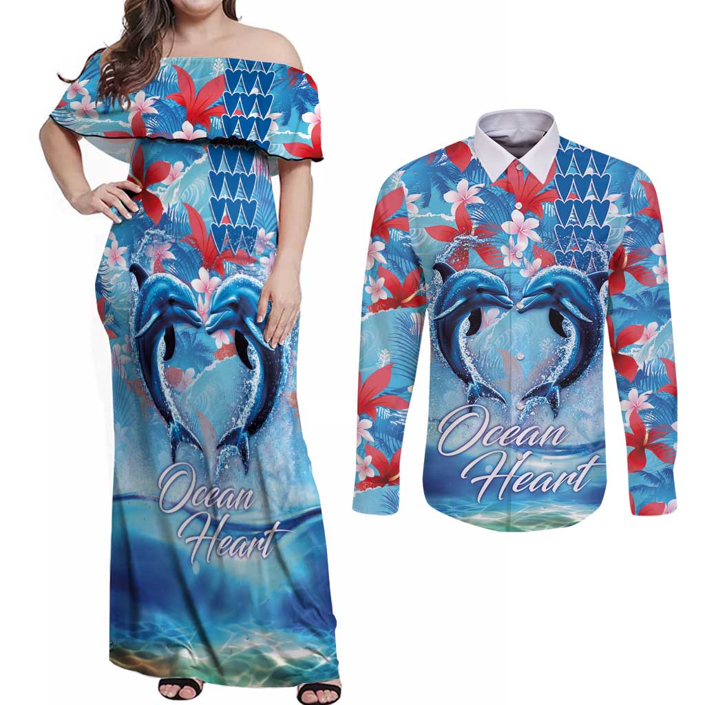 Hawaiian Dolphin Love Couple - Ocean Heart Couples Matching Off Shoulder Maxi Dress and Long Sleeve Button Shirt LT03 Blue - Polynesian Pride