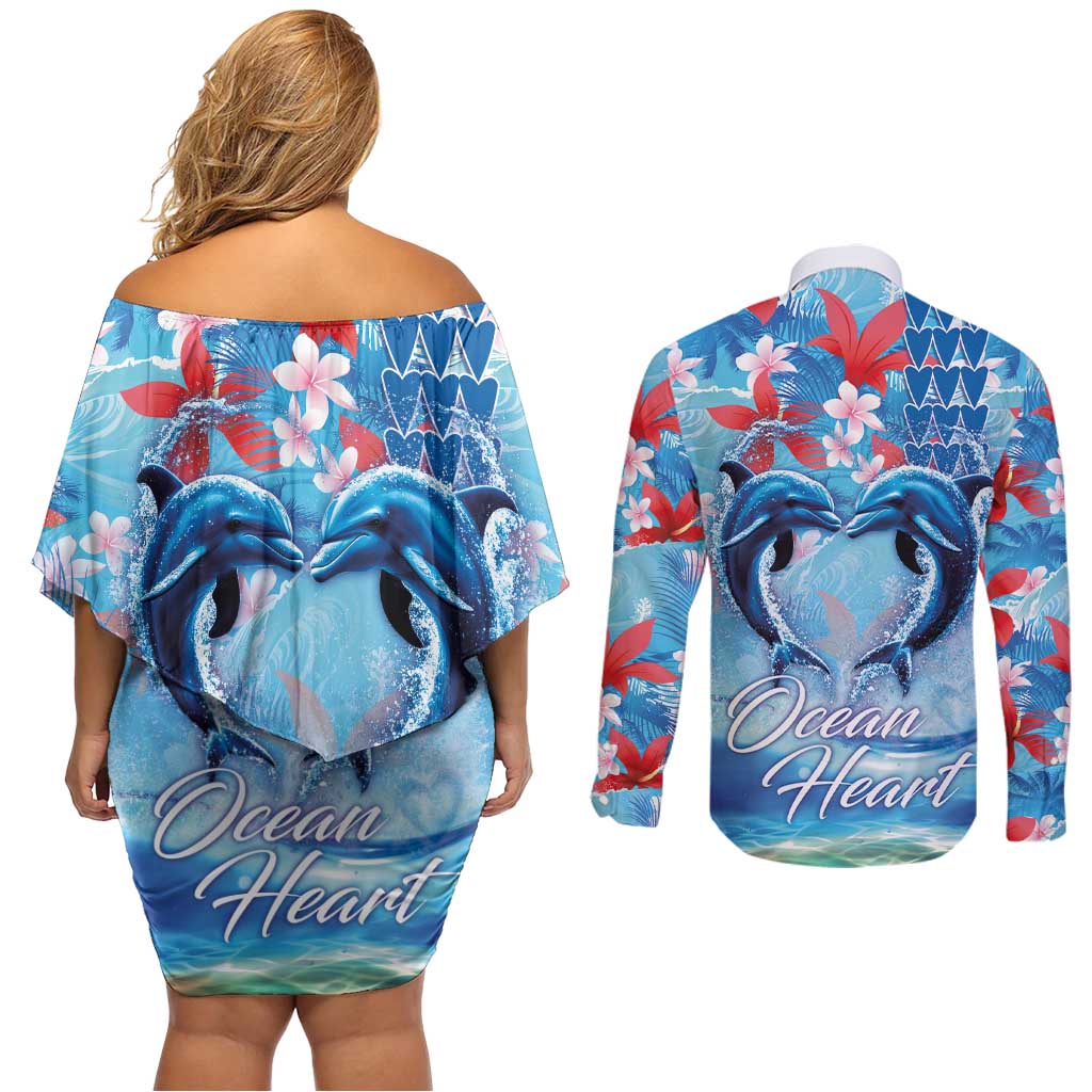 Hawaiian Dolphin Love Couple - Ocean Heart Couples Matching Off Shoulder Short Dress and Long Sleeve Button Shirt LT03 - Polynesian Pride