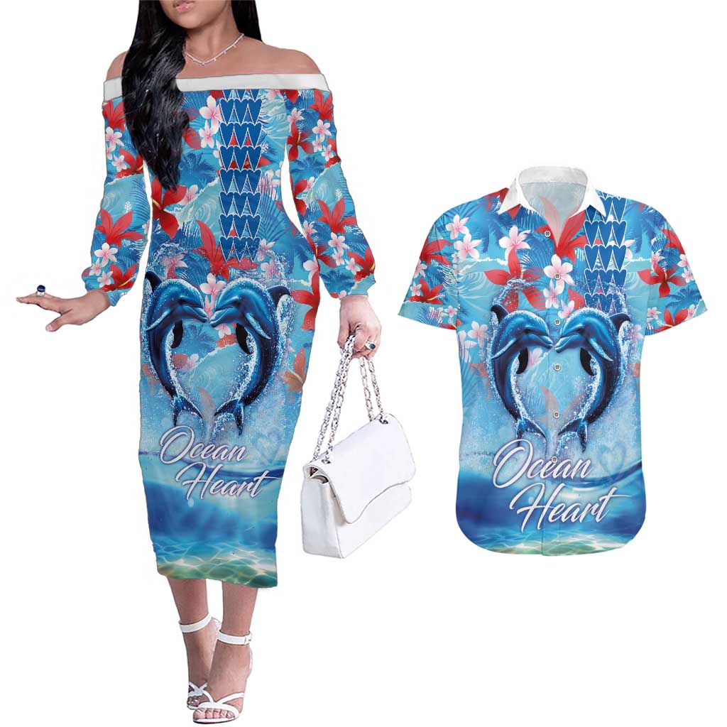 Hawaiian Dolphin Love Couple - Ocean Heart Couples Matching Off The Shoulder Long Sleeve Dress and Hawaiian Shirt LT03 Blue - Polynesian Pride