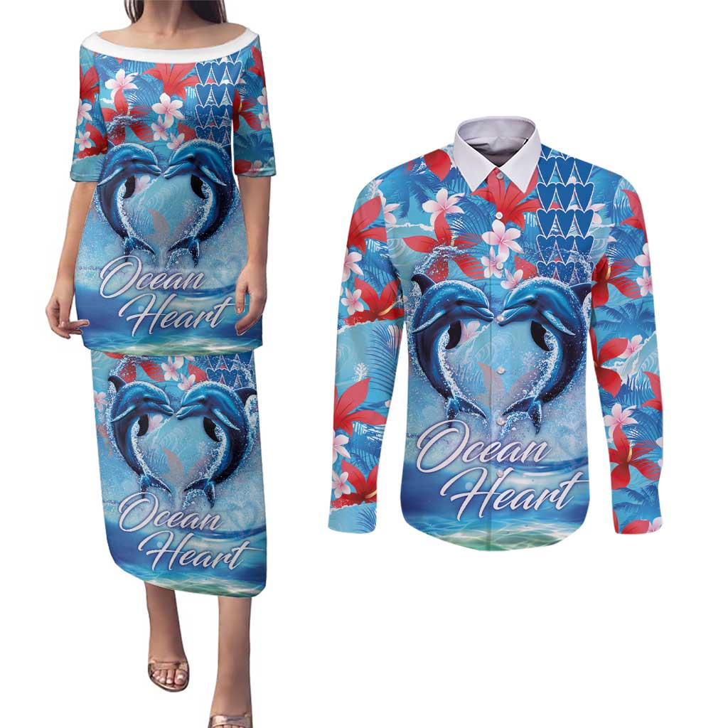 Hawaiian Dolphin Love Couple - Ocean Heart Couples Matching Puletasi and Long Sleeve Button Shirt LT03 Blue - Polynesian Pride