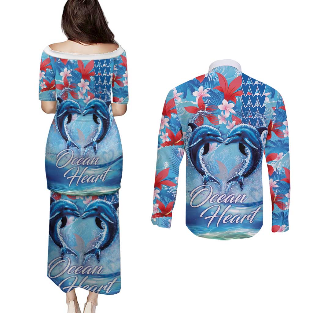 Hawaiian Dolphin Love Couple - Ocean Heart Couples Matching Puletasi and Long Sleeve Button Shirt LT03 - Polynesian Pride