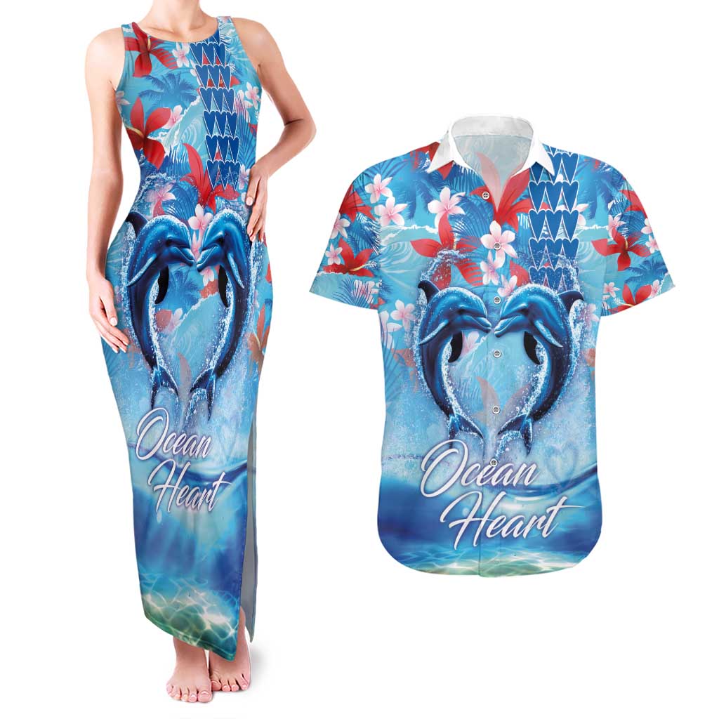 Hawaiian Dolphin Love Couple - Ocean Heart Couples Matching Tank Maxi Dress and Hawaiian Shirt