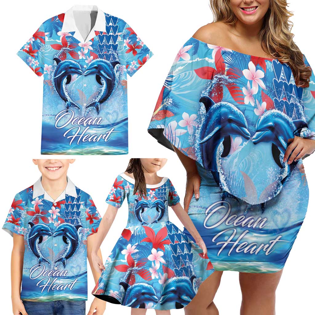 Hawaiian Dolphin Love Couple - Ocean Heart Family Matching Off Shoulder Short Dress and Hawaiian Shirt