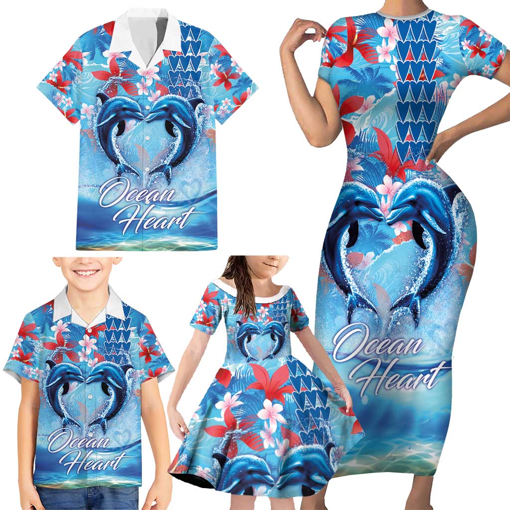 Hawaiian Dolphin Love Couple - Ocean Heart Family Matching Short Sleeve Bodycon Dress and Hawaiian Shirt