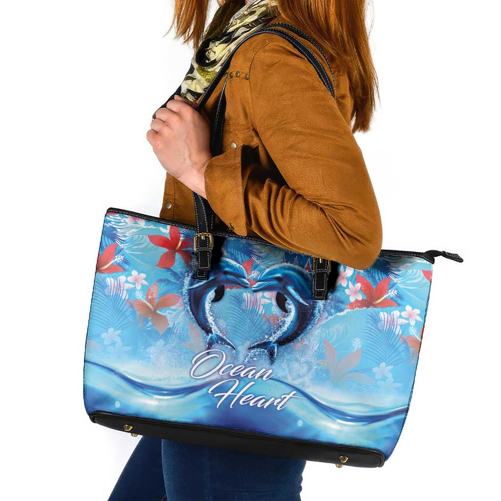 Hawaiian Dolphin Love Couple - Ocean Heart Leather Tote Bag LT03 Blue - Polynesian Pride