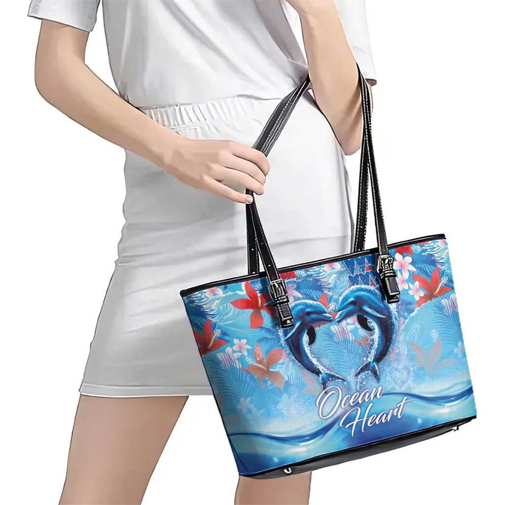 Hawaiian Dolphin Love Couple - Ocean Heart Leather Tote Bag LT03 - Polynesian Pride