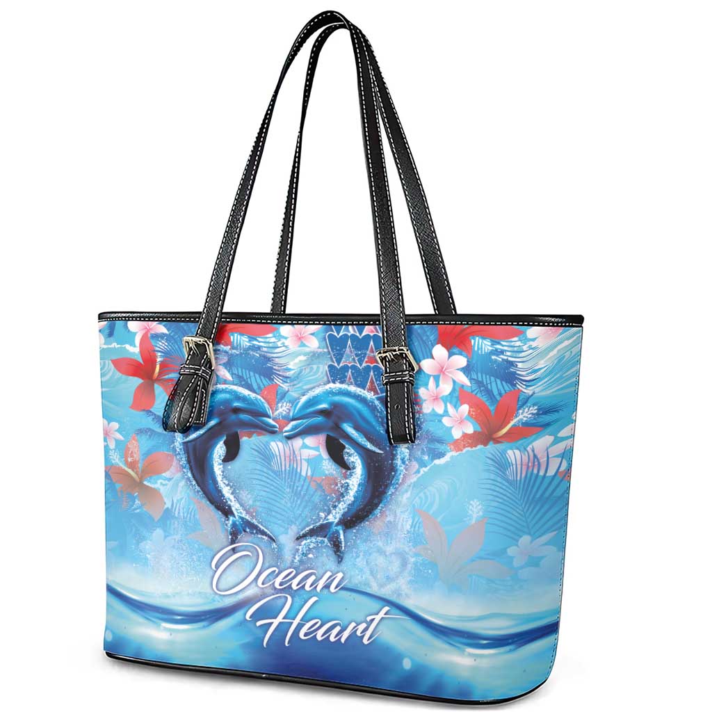 Hawaiian Dolphin Love Couple - Ocean Heart Leather Tote Bag LT03 - Polynesian Pride