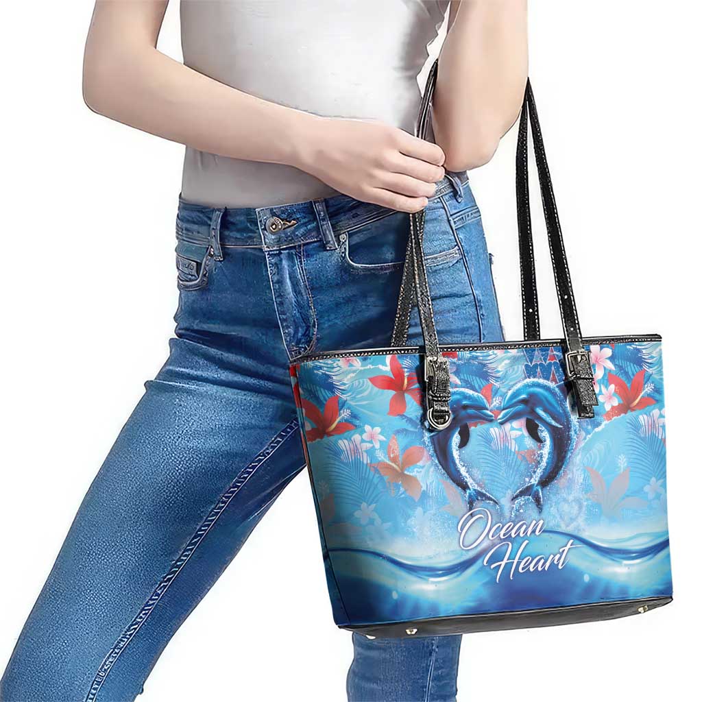 Hawaiian Dolphin Love Couple - Ocean Heart Leather Tote Bag LT03 - Polynesian Pride
