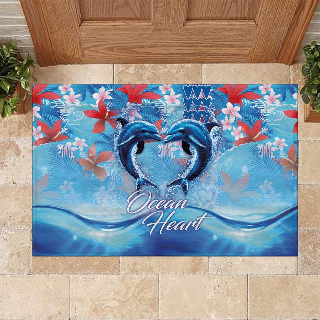 Hawaiian Dolphin Love Couple - Ocean Heart Rubber Doormat LT03 Blue - Polynesian Pride