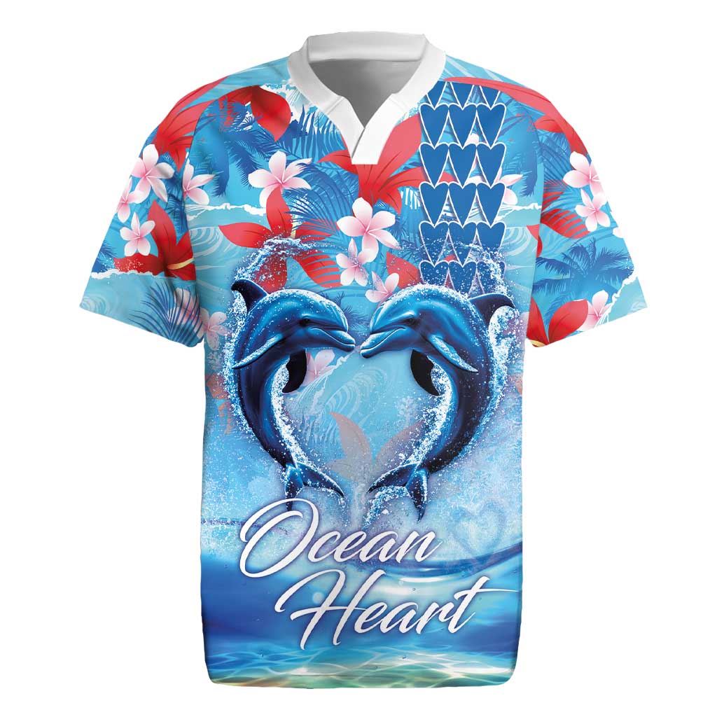 Hawaiian Dolphin Love Couple - Ocean Heart Rugby Jersey LT03 Blue - Polynesian Pride