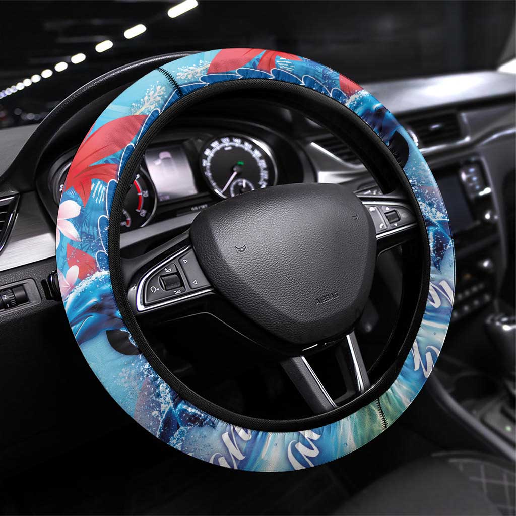 Hawaiian Dolphin Love Couple - Ocean Heart Steering Wheel Cover LT03 Universal Fit Blue - Polynesian Pride