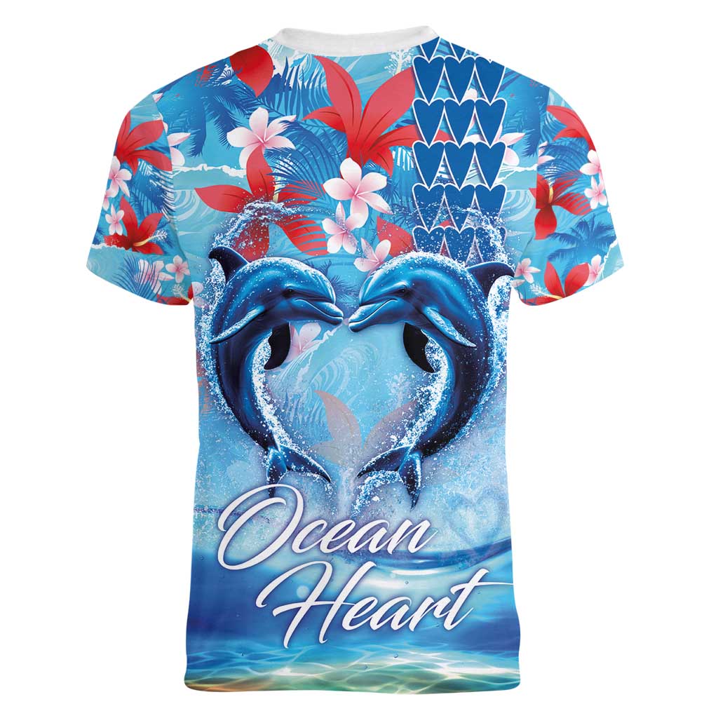 Hawaiian Dolphin Love Couple - Ocean Heart Women V-Neck T-Shirt LT03 - Polynesian Pride
