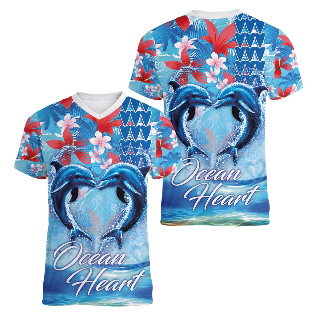 Hawaiian Dolphin Love Couple - Ocean Heart Women V-Neck T-Shirt LT03 - Polynesian Pride