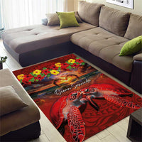 Hawaiian Turtle Love Couple Area Rug Ocean Serenade - Honu Honi Ihu with Hibiscus and Romantic Sunset Red Color