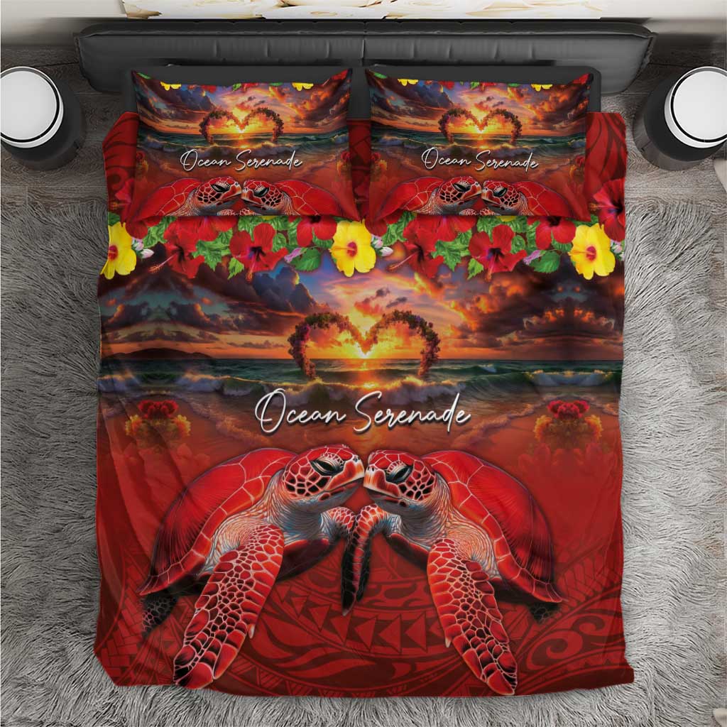 Hawaiian Turtle Love Couple Bedding Set Ocean Serenade - Honu Honi Ihu with Hibiscus and Romantic Sunset Red Color