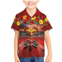 Hawaiian Turtle Love Couple Family Matching Mermaid Dress and Hawaiian Shirt Ocean Serenade - Honu Honi Ihu with Hibiscus and Romantic Sunset Red Color