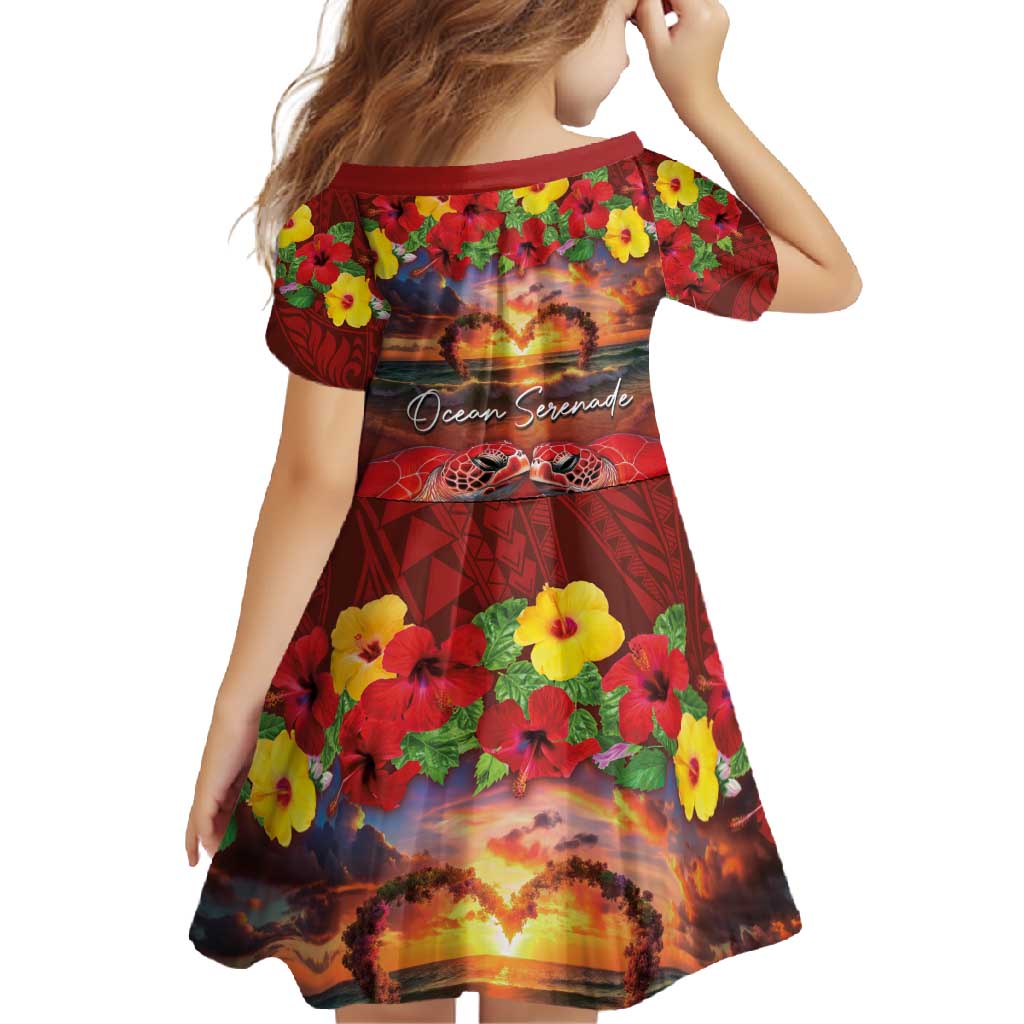 Hawaiian Turtle Love Couple Family Matching Off Shoulder Maxi Dress and Hawaiian Shirt Ocean Serenade - Honu Honi Ihu with Hibiscus and Romantic Sunset Red Color