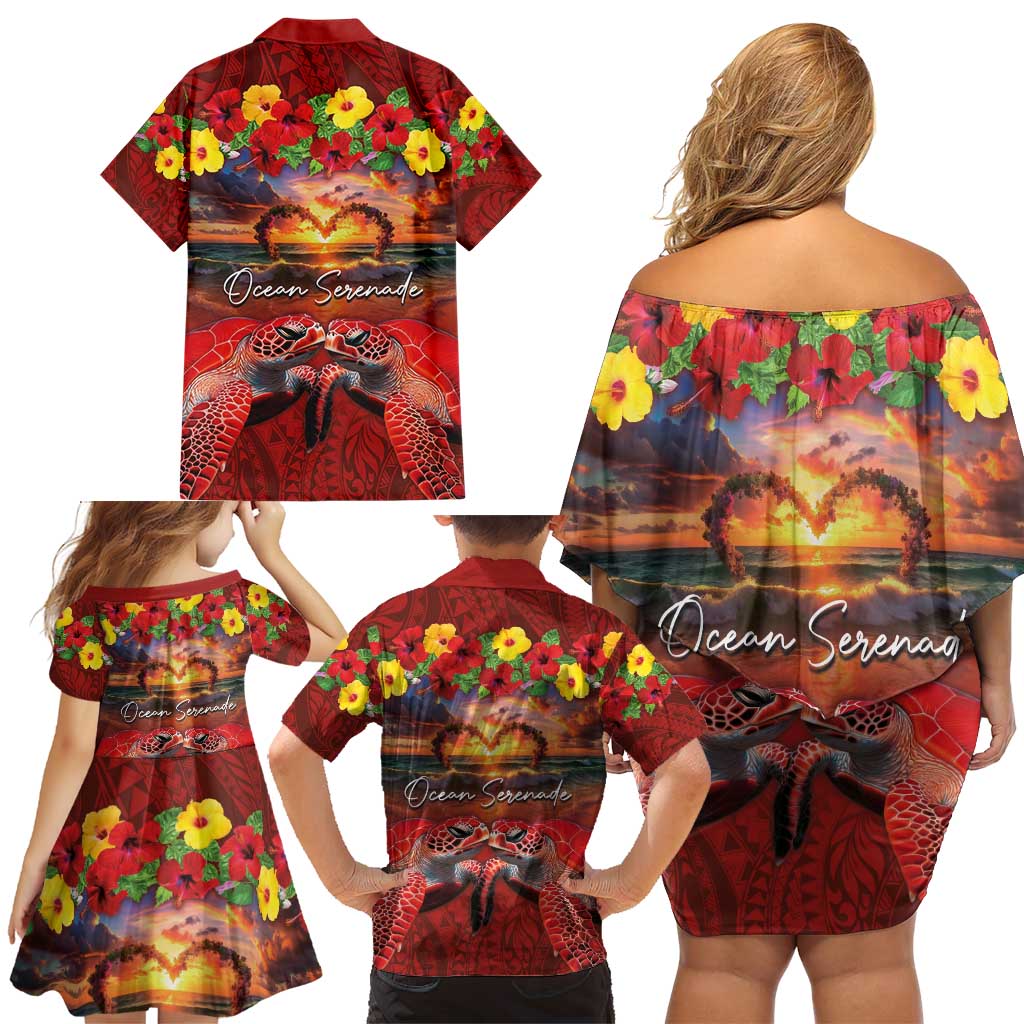 Hawaiian Turtle Love Couple Family Matching Off Shoulder Short Dress and Hawaiian Shirt Ocean Serenade - Honu Honi Ihu with Hibiscus and Romantic Sunset Red Color