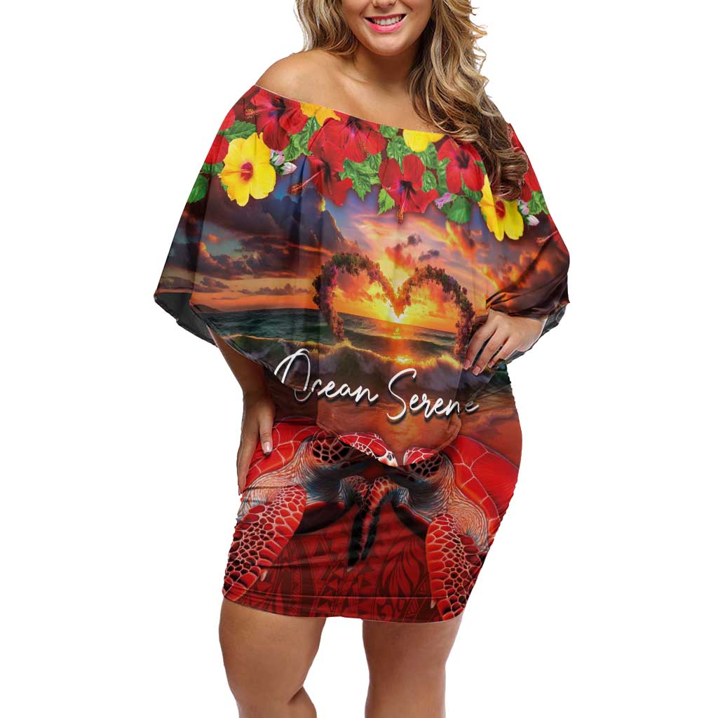 Hawaiian Turtle Love Couple Family Matching Off Shoulder Short Dress and Hawaiian Shirt Ocean Serenade - Honu Honi Ihu with Hibiscus and Romantic Sunset Red Color